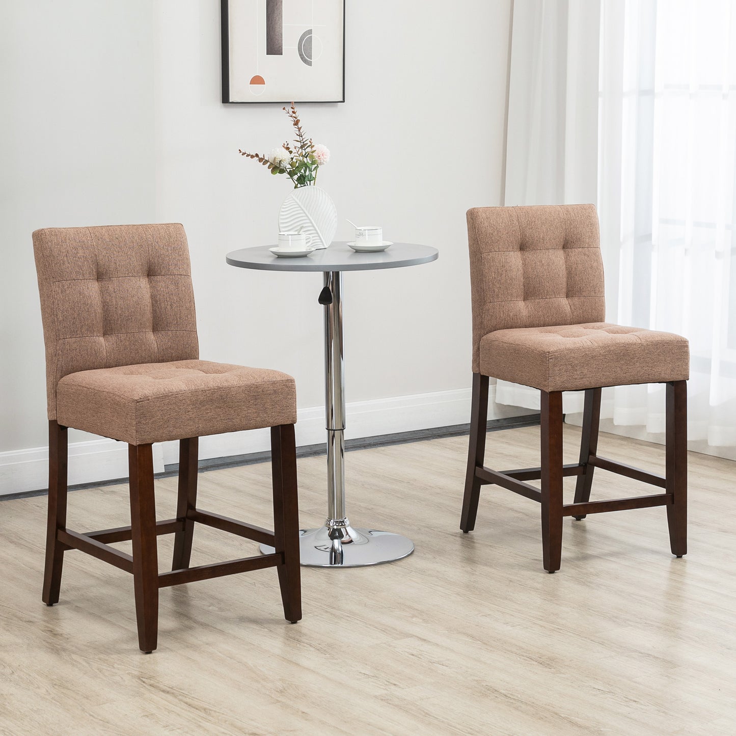HOMCOM Modern Fabric Bar Stools Set of 2, Thick Padding Kitchen Stool, Bar Chairs with Tufted Back Wood Legs, Brown
