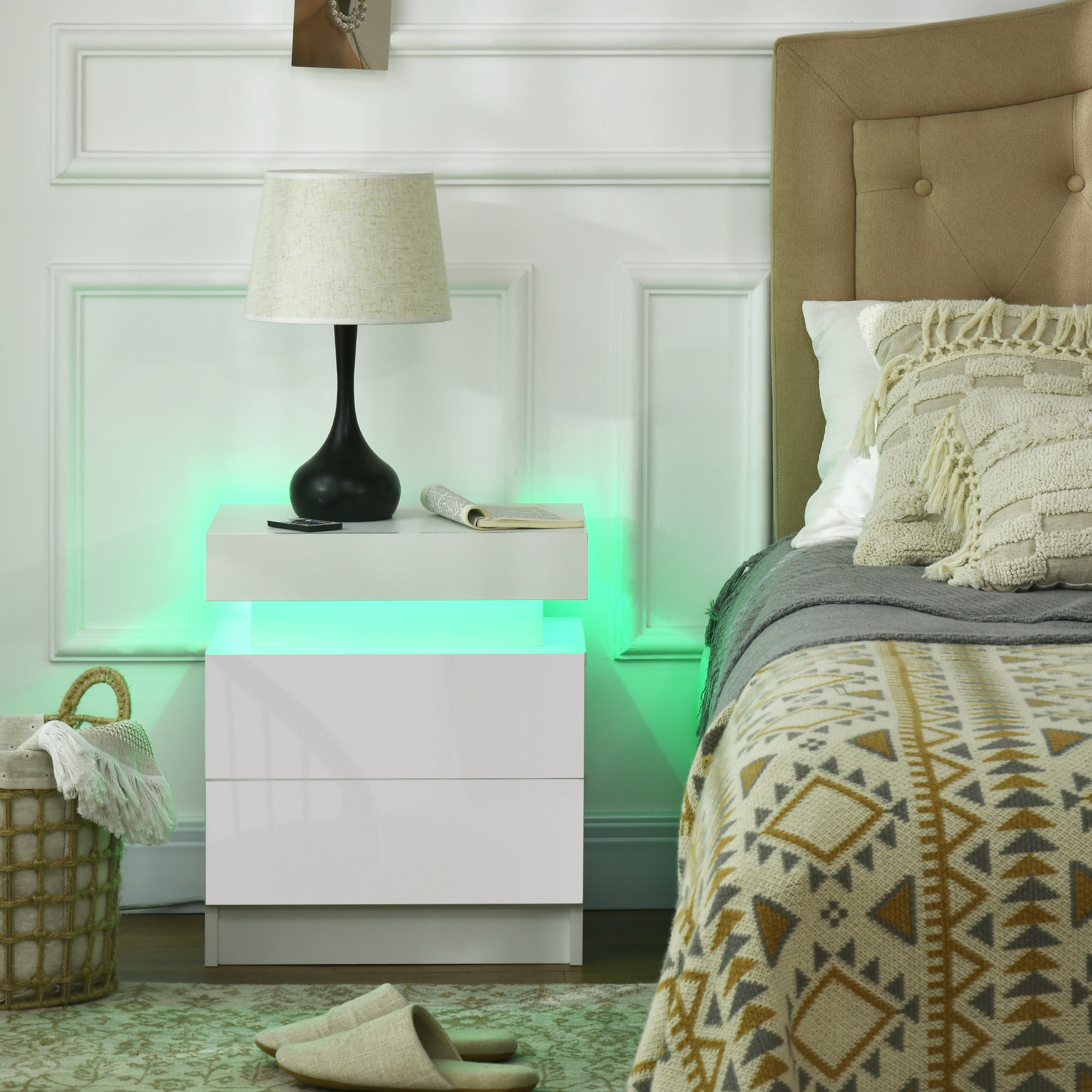 Led Bed Table HOMCOM Futuristic LED Light Bedside Table, with Two Drawers - High Glo ...