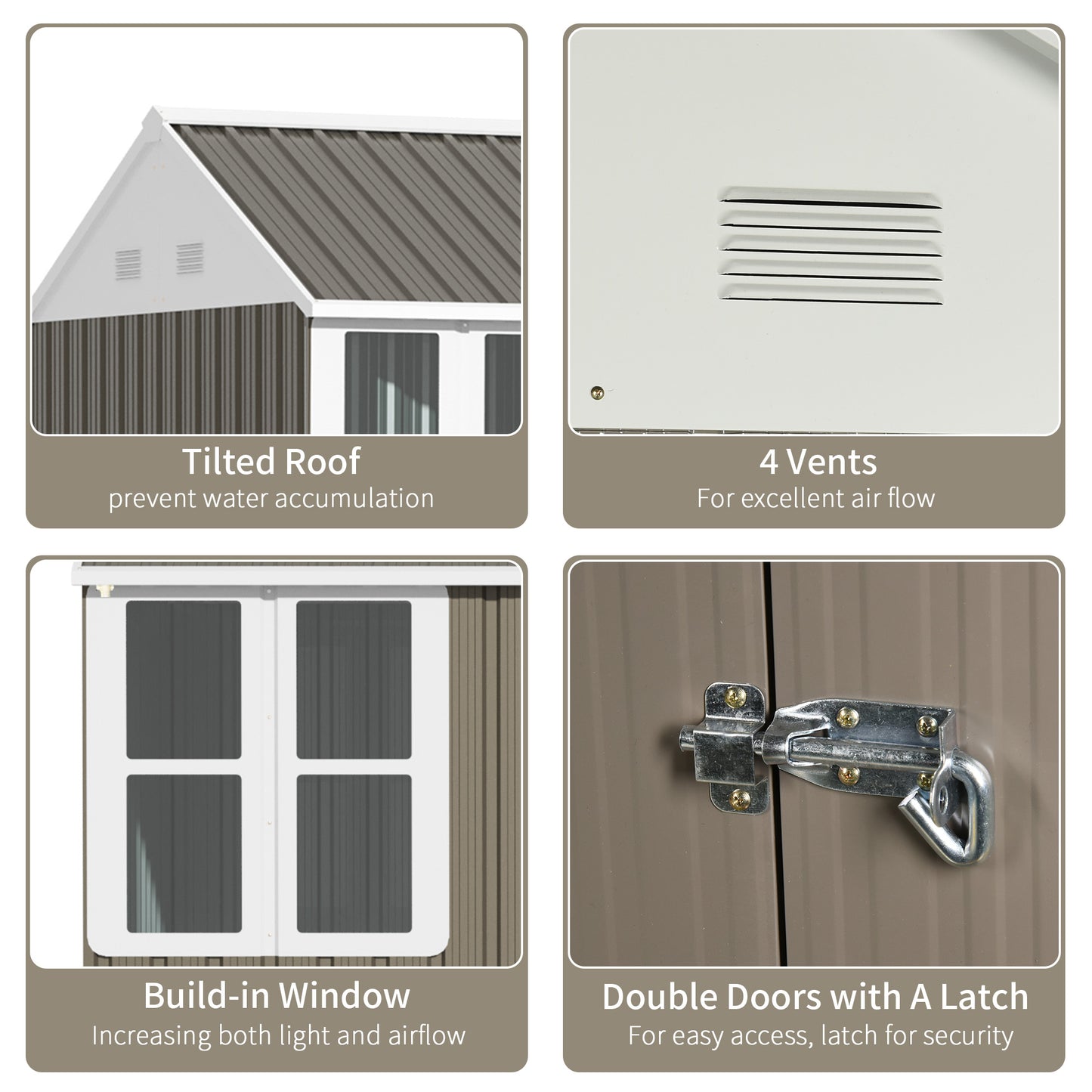 Outsunny 8 x 6 ft Galvanised Garden Shed Outsoor Metal Storage Shed with Double Doors Window Air Vents for Patio Lawn Grey
