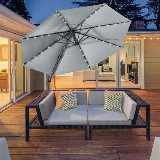 Outsunny 3(m) LED Cantilever Parasol Garden Sun Umbrella w/ Cross Base and Solar Lights Grey