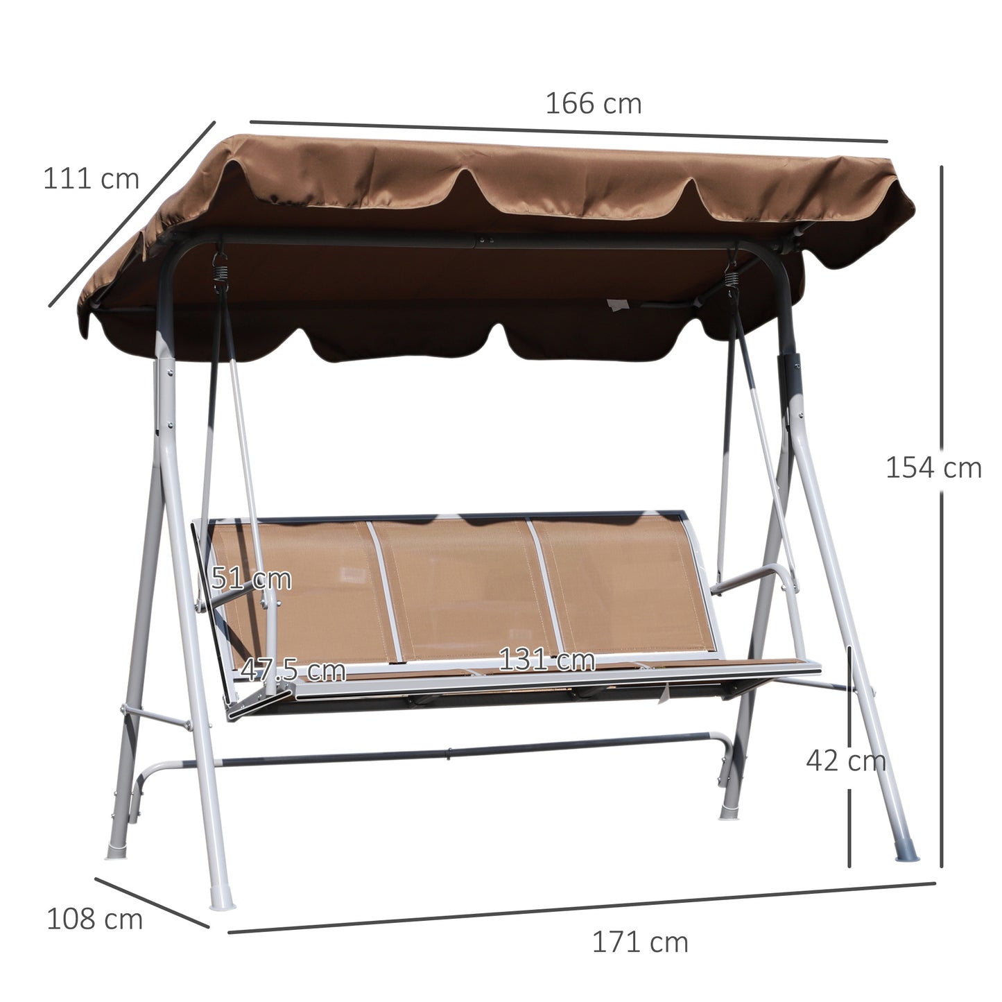 Outsunny Outdoor 3-Seater Swing Chair Garden Hammock Bench Rock Shelter-Brown