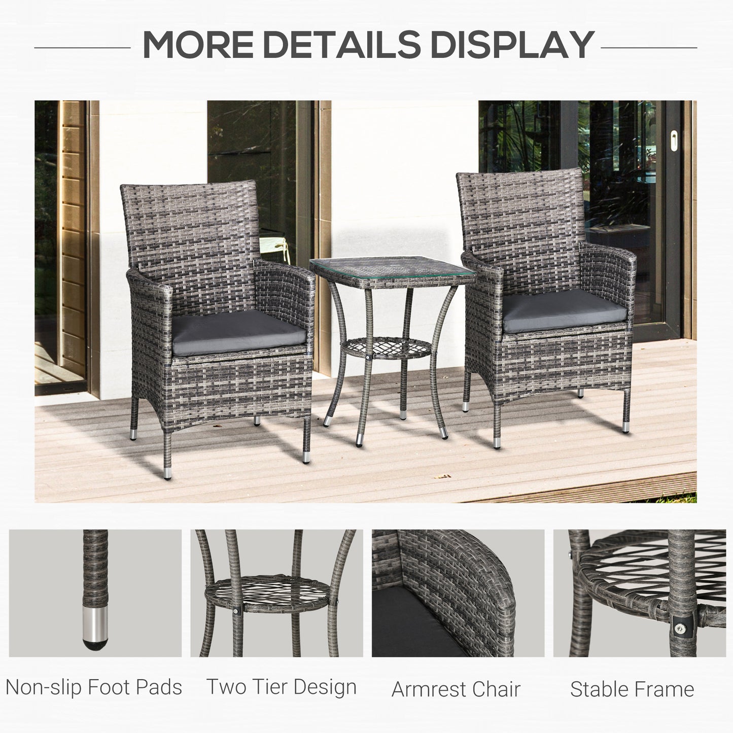 Outsunny Garden Outdoor Rattan Furniture Bistro Set 3 PCs Patio Weave Companion Chair Table Set Conservatory, Light Grey