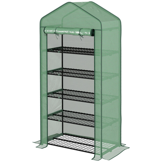 Outsunny 5 Tier Widened Mini Greenhouse with Reinforced PE Cover Portable Indoor Outdoor Green House with Rollup Door and Wire Shelves 193H x 90W x 49Dcm Green