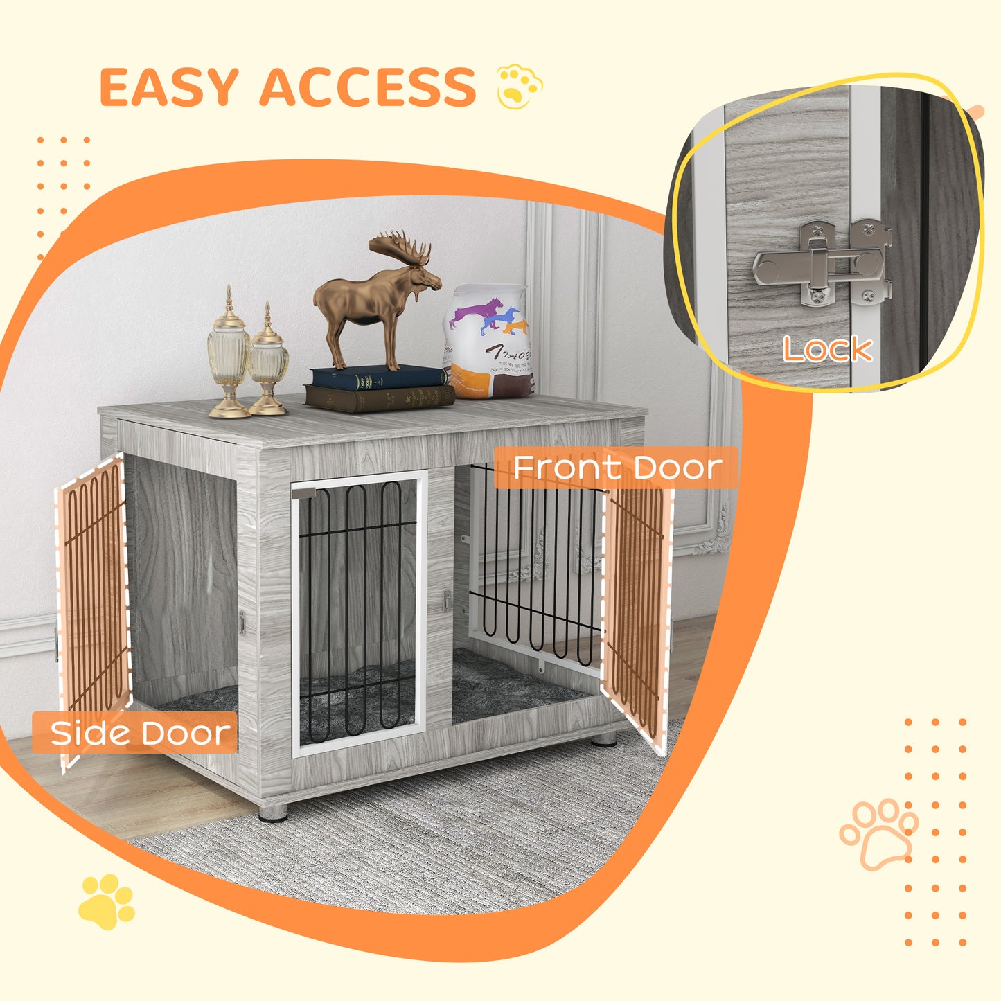 PawHut Indoor Dog Kennel w/ Soft Cushion Double Door for Large Dogs 106 x 74 x 81.5cm Grey