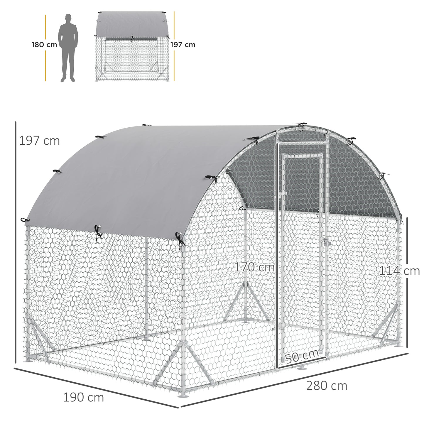 PawHut Walk In Chicken Run Galvanized Chicken Coop Hen Poultry House Cage Rabbit Hutch Pet Playpen Backyard with Water-Resist Cover, 2.8 x 1.9 x 2m