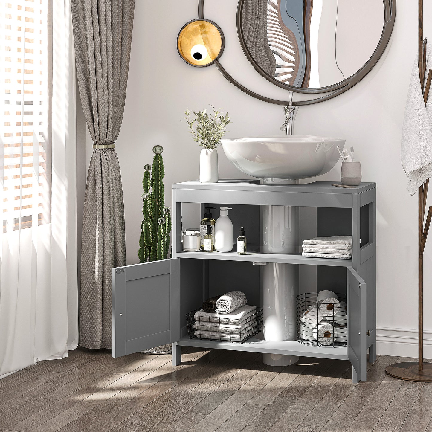 kleankin Pedestal Under Sink Cabinet with Double Doors, Modern Bathroom Vanity Storage Unit with Shelves, Light Grey