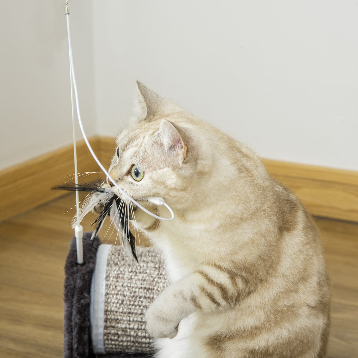 PawHut Cat Scratcher Sisal Scratching Pad Mat Board Kitten Toy with Roller Feather Teaser, 44 x 24 x 16 cm, Grey