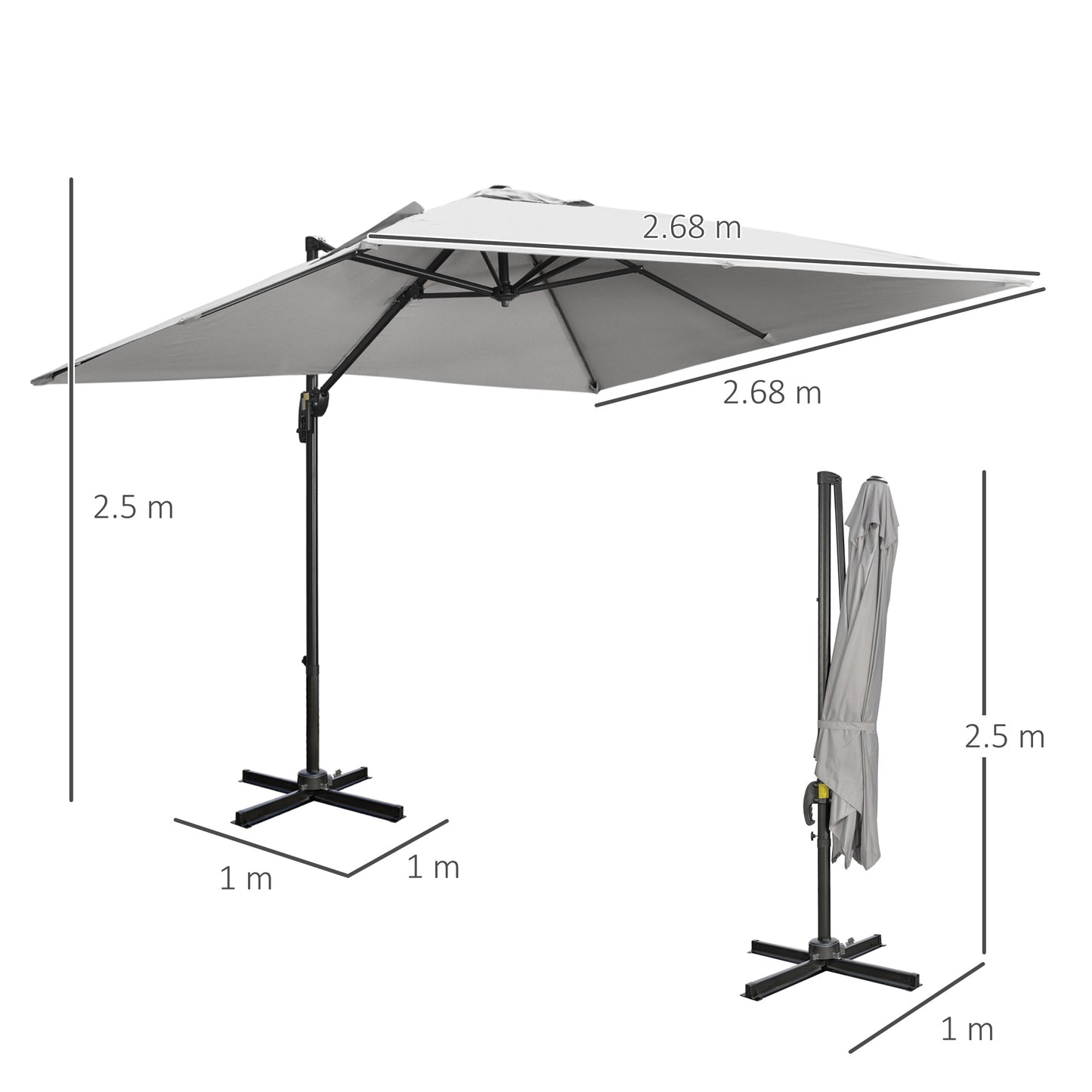 Outsunny 2.7m Square Overhanging Cantilever Umbrella, with Cross Base - Grey