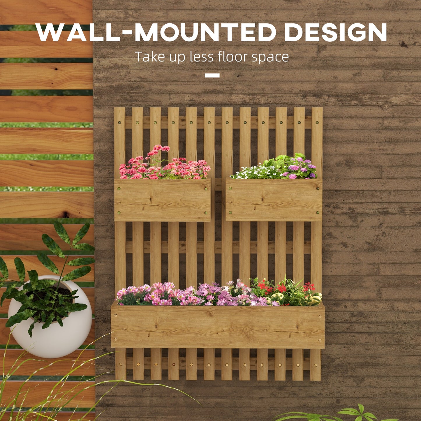 Outsunny Wallmounted Wooden Garden Planters with Trellis Drainage Holes and 3 Planter Boxes for Patio Carbonised