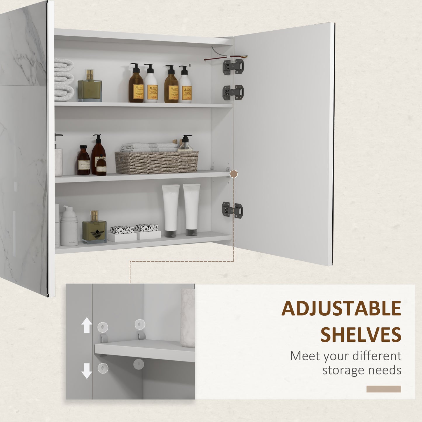 kleankin Bathroom Mirror Cabinet with Light Bathroom Storage Cupboard with Adjustable Shelf USB Charge 90x15x70cm White