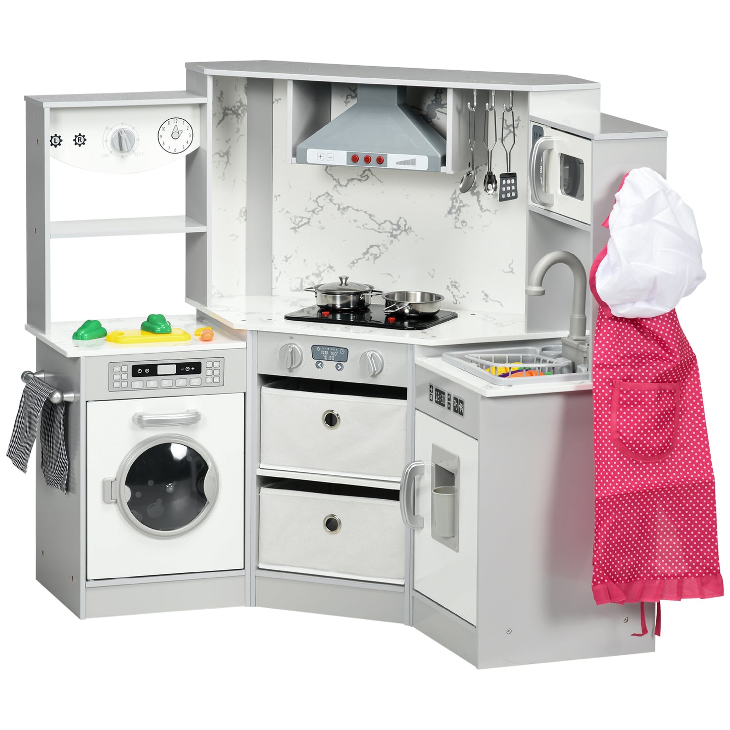 AIYAPLAY Toy Kitchen with Running Water Lights Sounds Apron and Chef Hat Water Dispenser for Ages 36 Years Grey