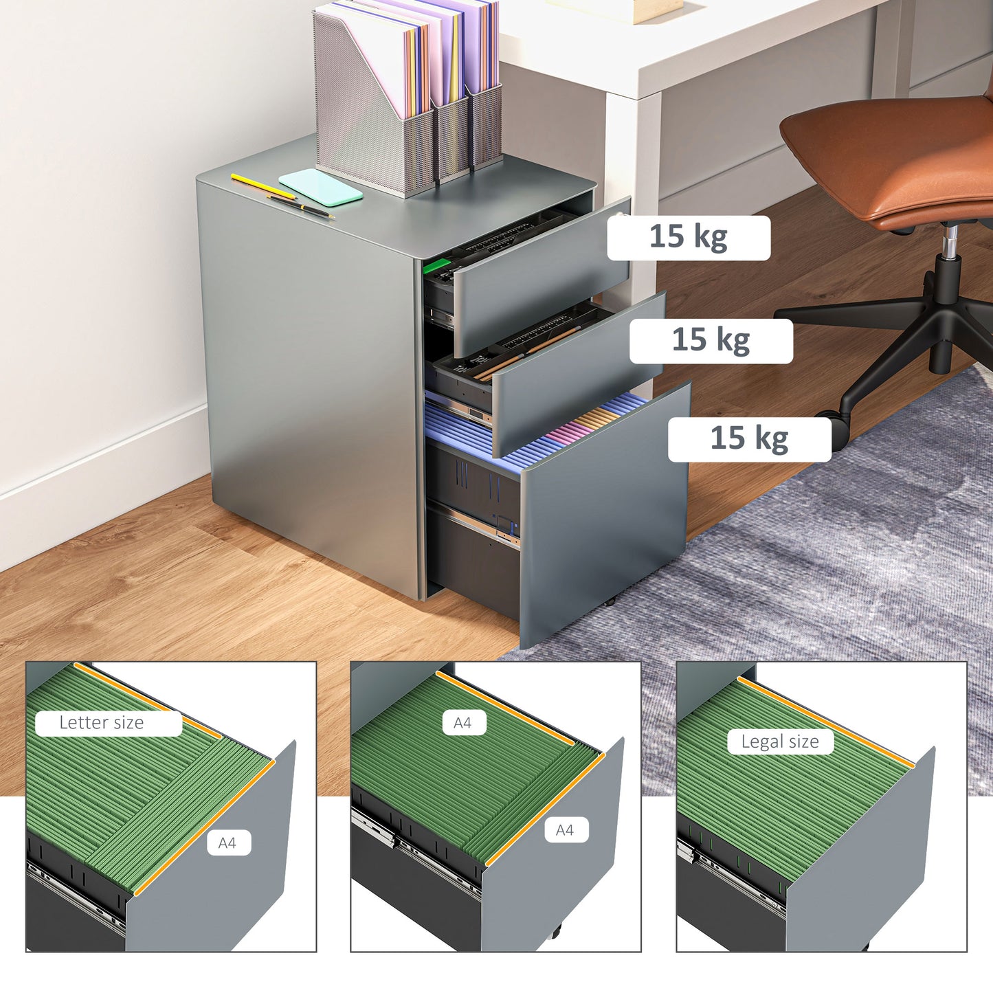 Vinsetto Lockable Cabinet Rolling Filing Cabinet with 3 Drawers Steel Office Drawer Unit for A4 Letter Legal Sized Files