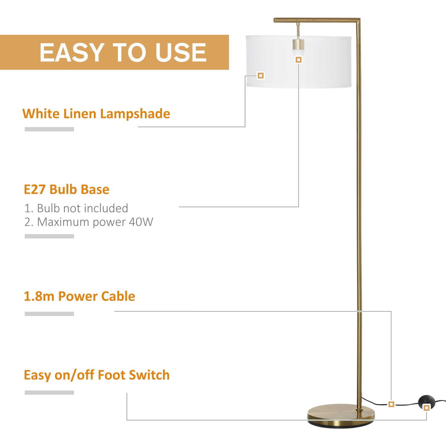 HOMCOM Floor Lamp, Modern Standing Light with Linen Lampshade, Round Base for Living Room, Bedroom, Dining Room, Gold and White Lampshade Room Bedroom