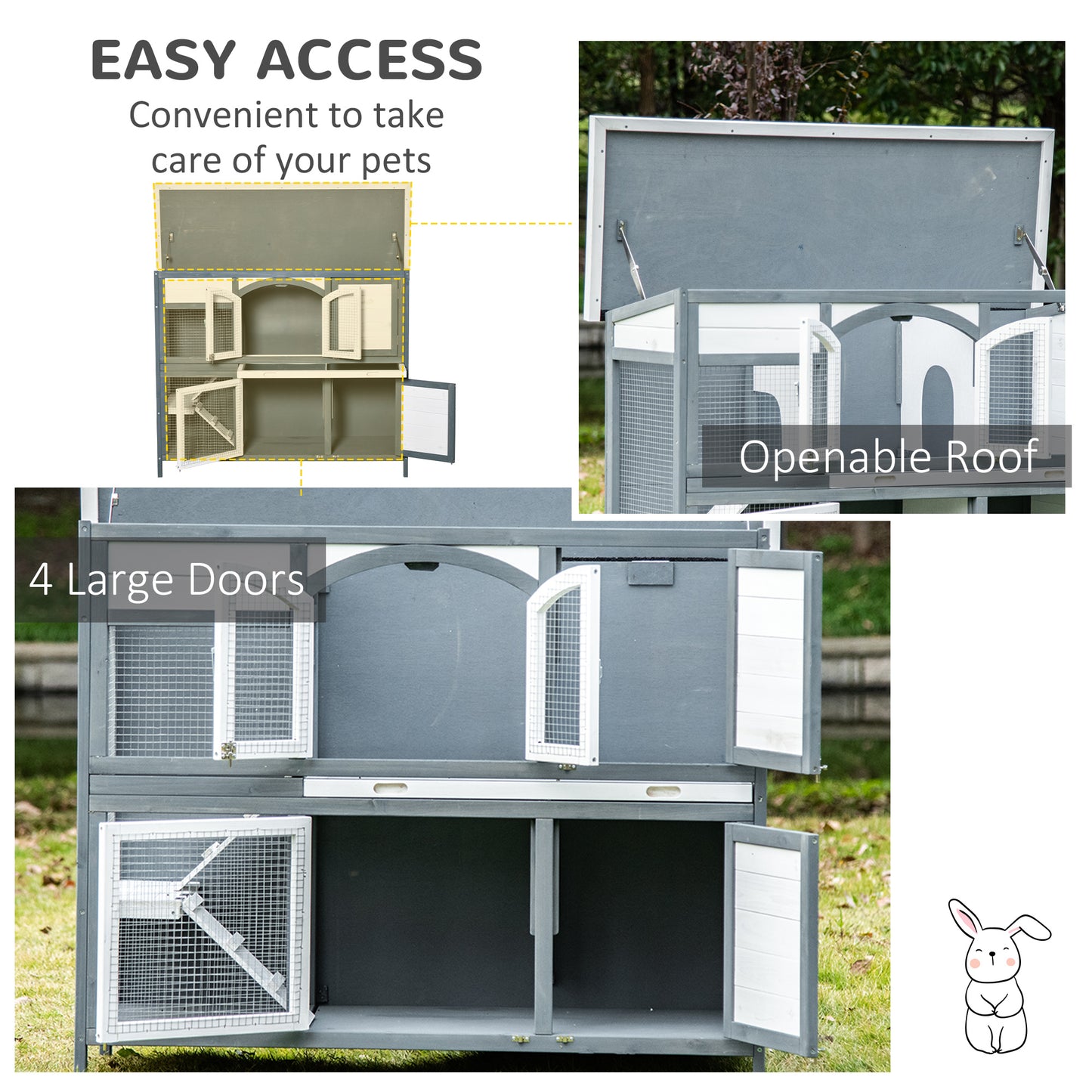 PawHut Two-Tier Wooden Rabbit Hutch Guinea Pig Cage w/ Openable Roof, Slide-Out Tray, Ramp - Grey