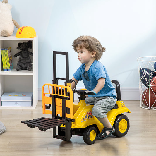 HOMCOM Kids Ride on Forklift Truck with Fork and Tray, Ride on Tractor with Under Seat Storage, Treaded Wheels, No Power Design, Controllable Level, Anti-rollover Device