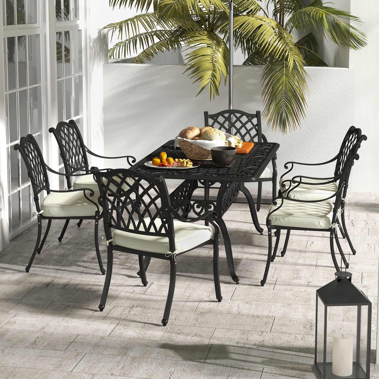 Nuu Garden Black Iron 7-Piece Patio Dining Set With 6 Chairs Rust Resistant Stackable Umbrella Hole Perfect For Entertaining Nuu Garden Black Iron 7-Piece Patio Dining Set With 6 Chairs Rust Resistant Stackable Umbrella Hole Perfect For Entertaining