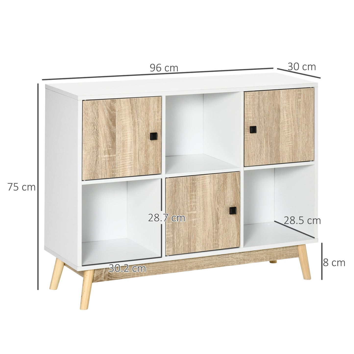 HOMCOM Storage Cabinet, Bookcase, Display Shelf with 6 Storage Cubes & Doors for Dining Room, Living Room, Natural
