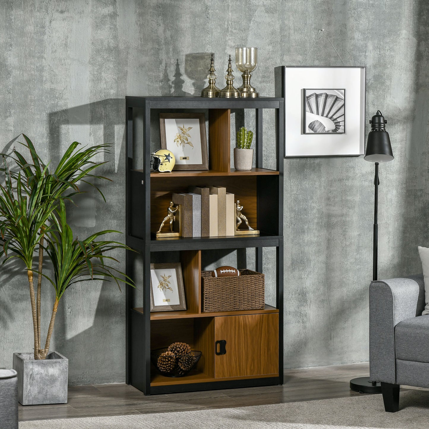HOMCOM Modern 4-Tier Bookshelf with Storage Shelving and Closed Cabinet Walnut Brown