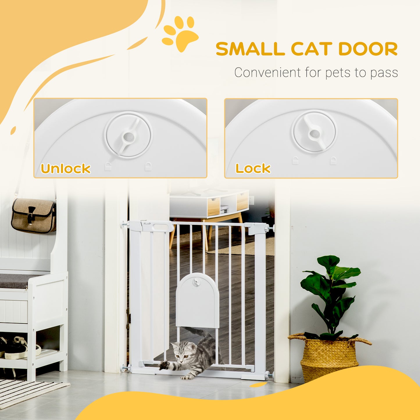 PawHut 7582cm Pet Safet Gaye Pressure Fit Stair with Cat Flap Double Locking White