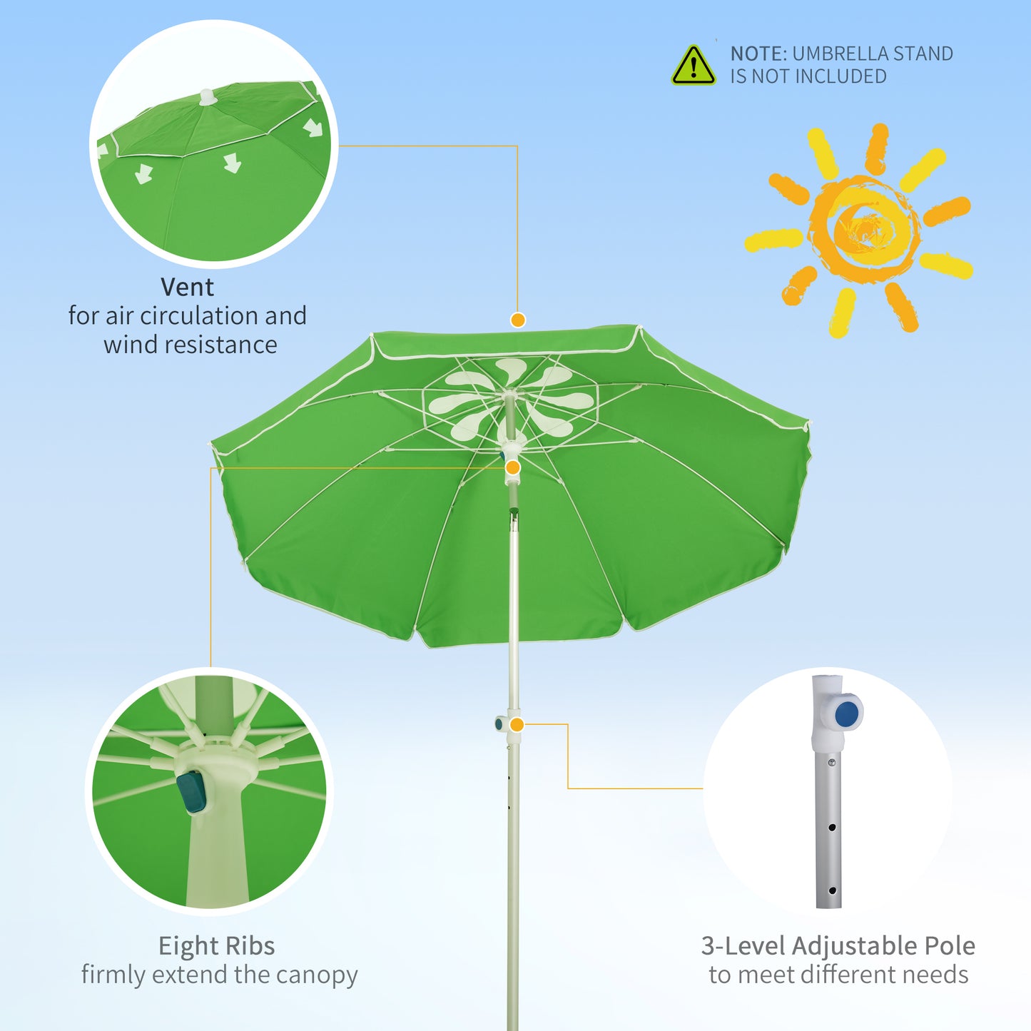 Outsunny Arc. 1.9m Beach Umbrella w/ Adjustable Angle Pointed Design Carry Bag Green