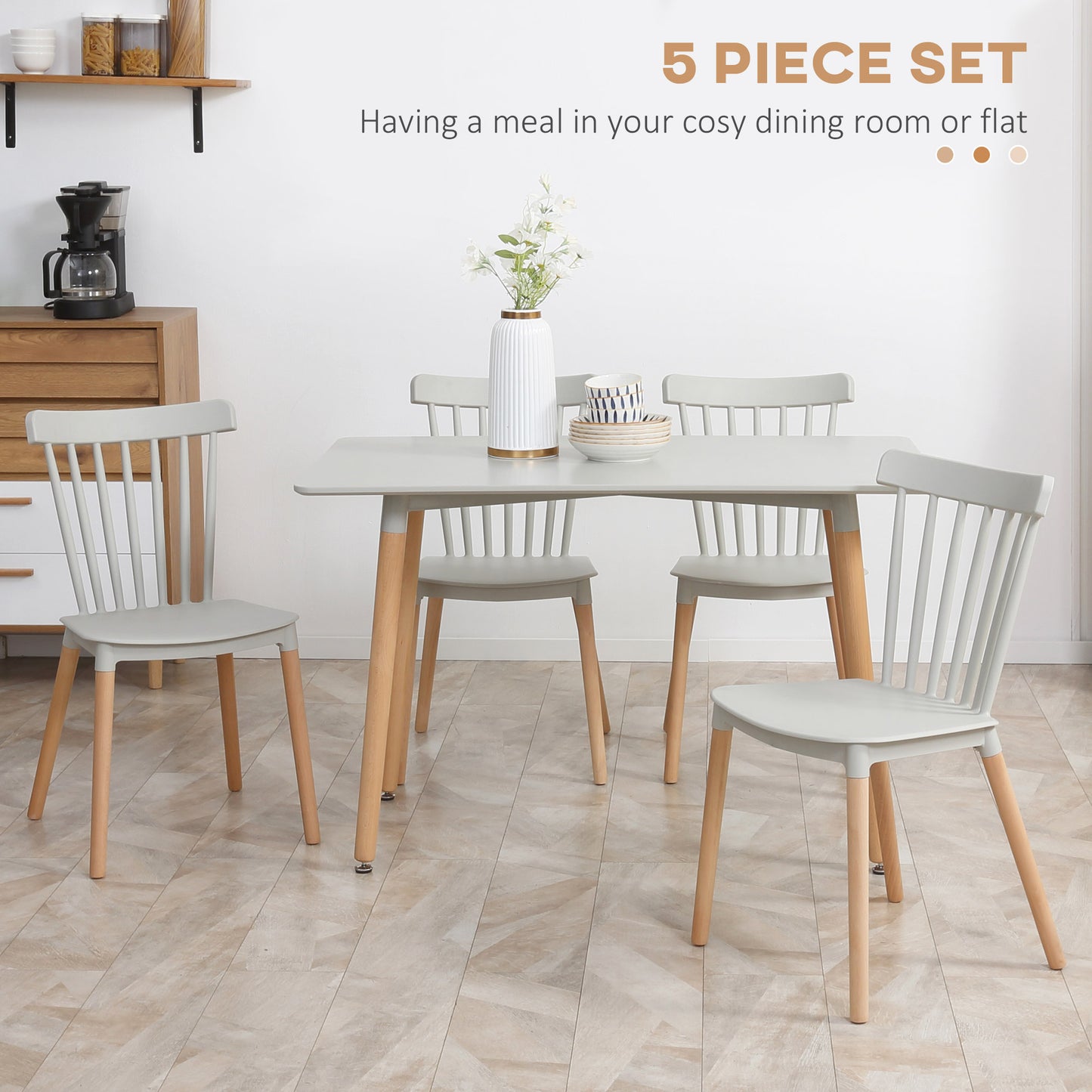 HOMCOM 5 Piece Dining Table Set with Beech Wood Legs Space Saving Table and 4 Chairs for Small Kitchens Grey