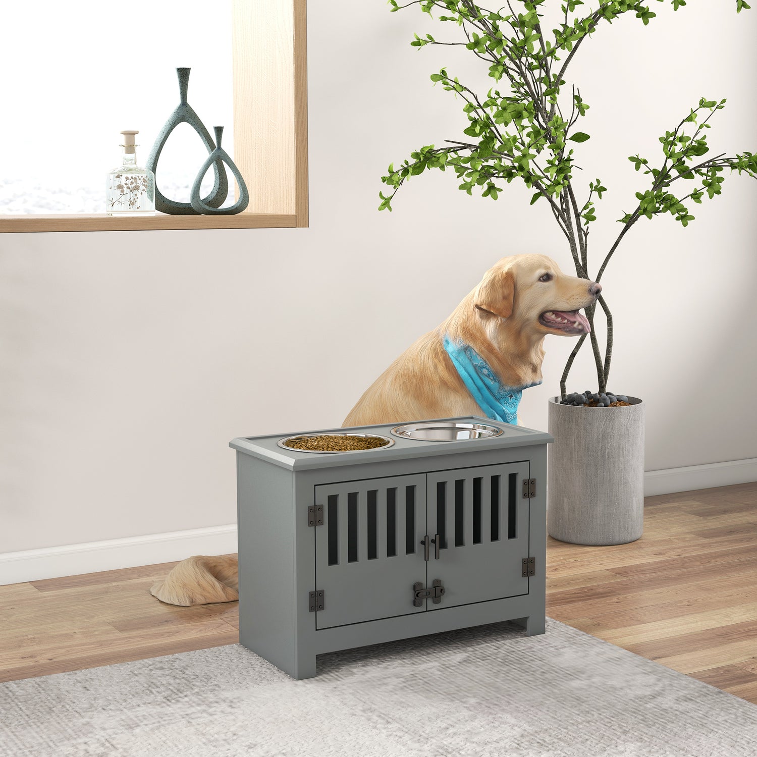 PawHut Raised Pet Feeding Storage Station with 2 Stainless Steel