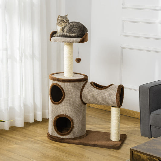 PawHut Cat Tree Tower Climbing Activity Center Kitten Furniture with Cat Condo Bed Sisal Scratching Post Hanging Ball 75 x 39 x 104cm Brown