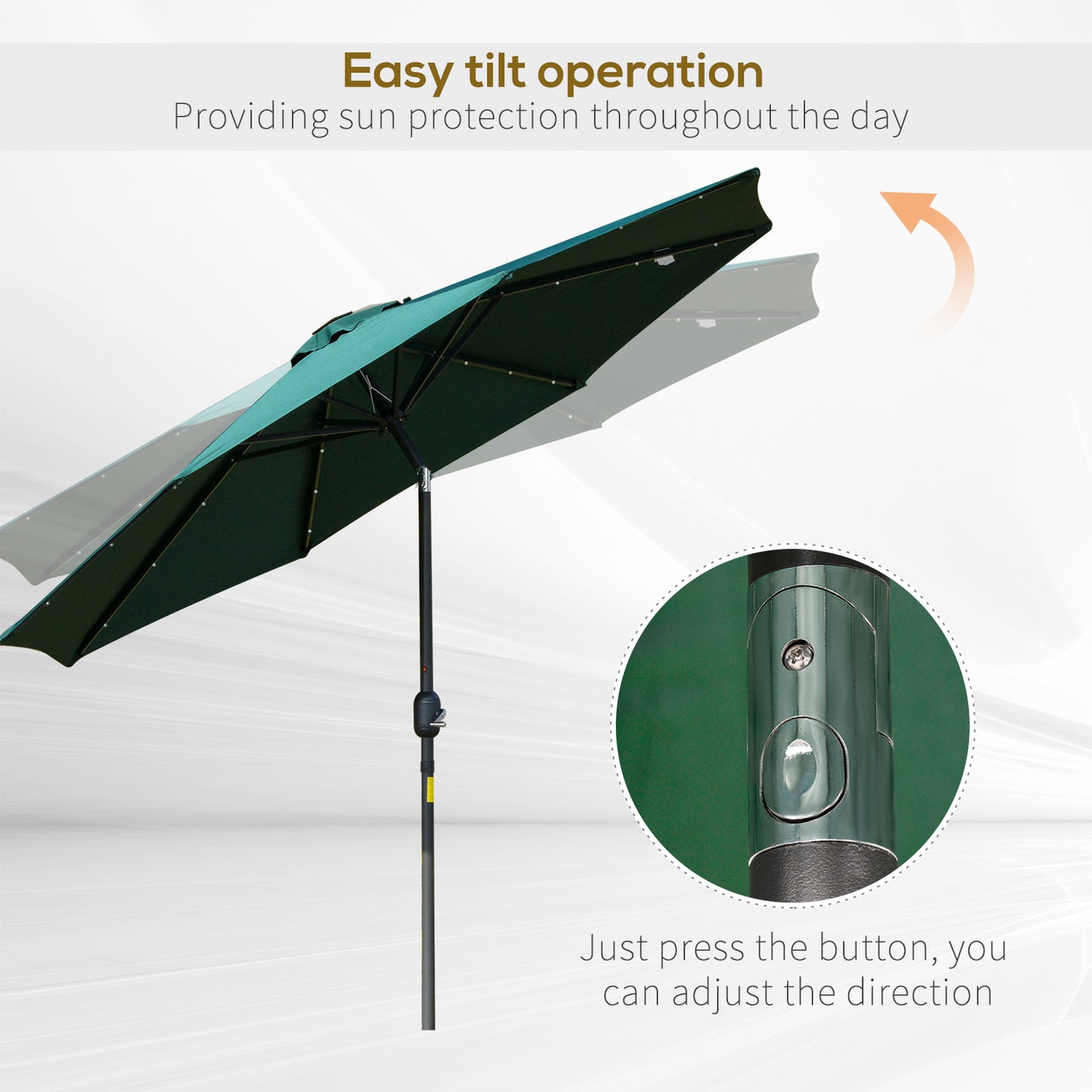 Outsunny 2.7m Patio LED Umbrella with Push Button Tilt/Crank 8 Ribs Sun Shade for Outdoor Table Market Umbrella Green Rib Parasol