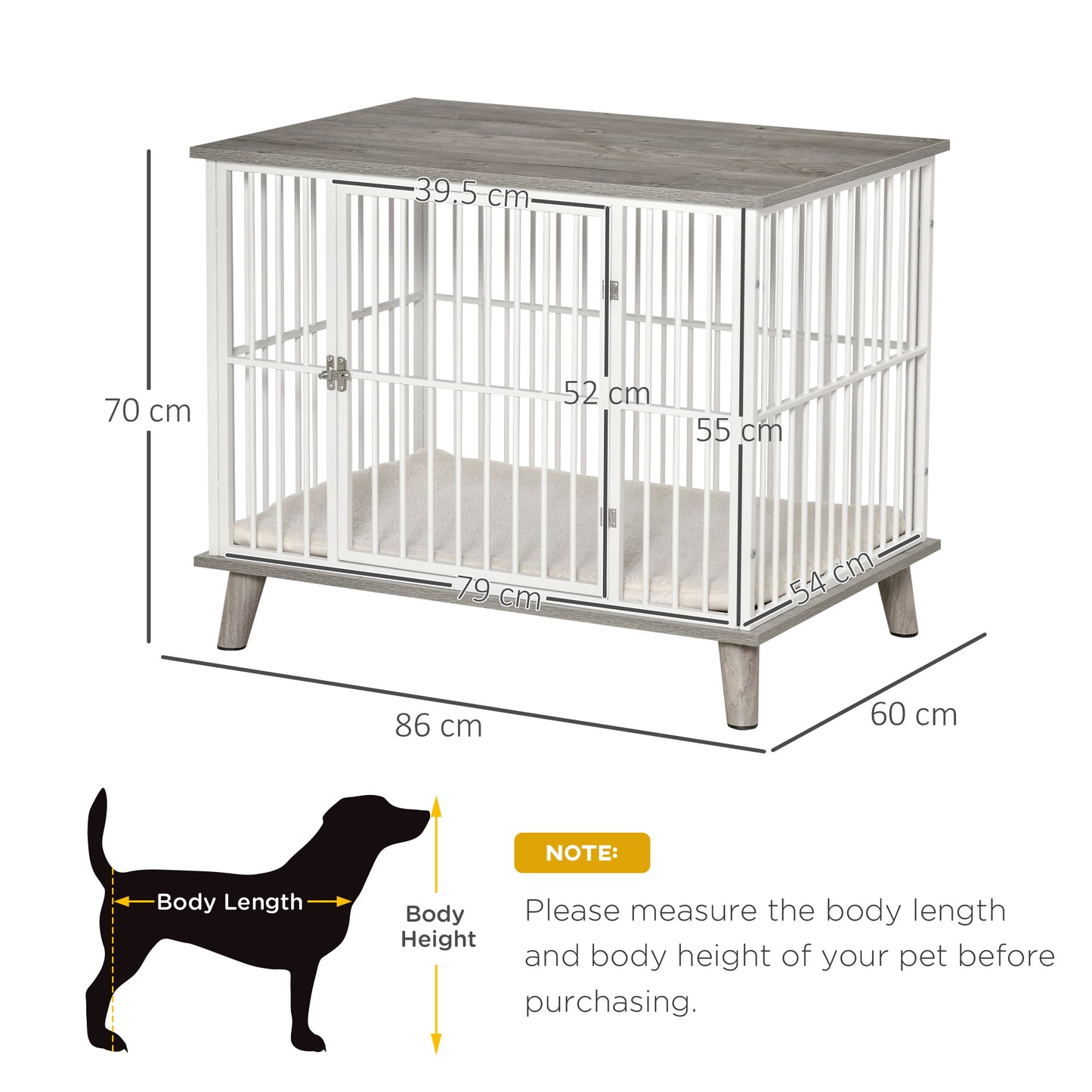 PawHut Dog Crate, Furniture Style Pet Cage Kennel, End Table, Decorative Dog House, with Soft Cushion, Wooden Top, Door, for Small Medium Dogs, Indoor Use, Grey House