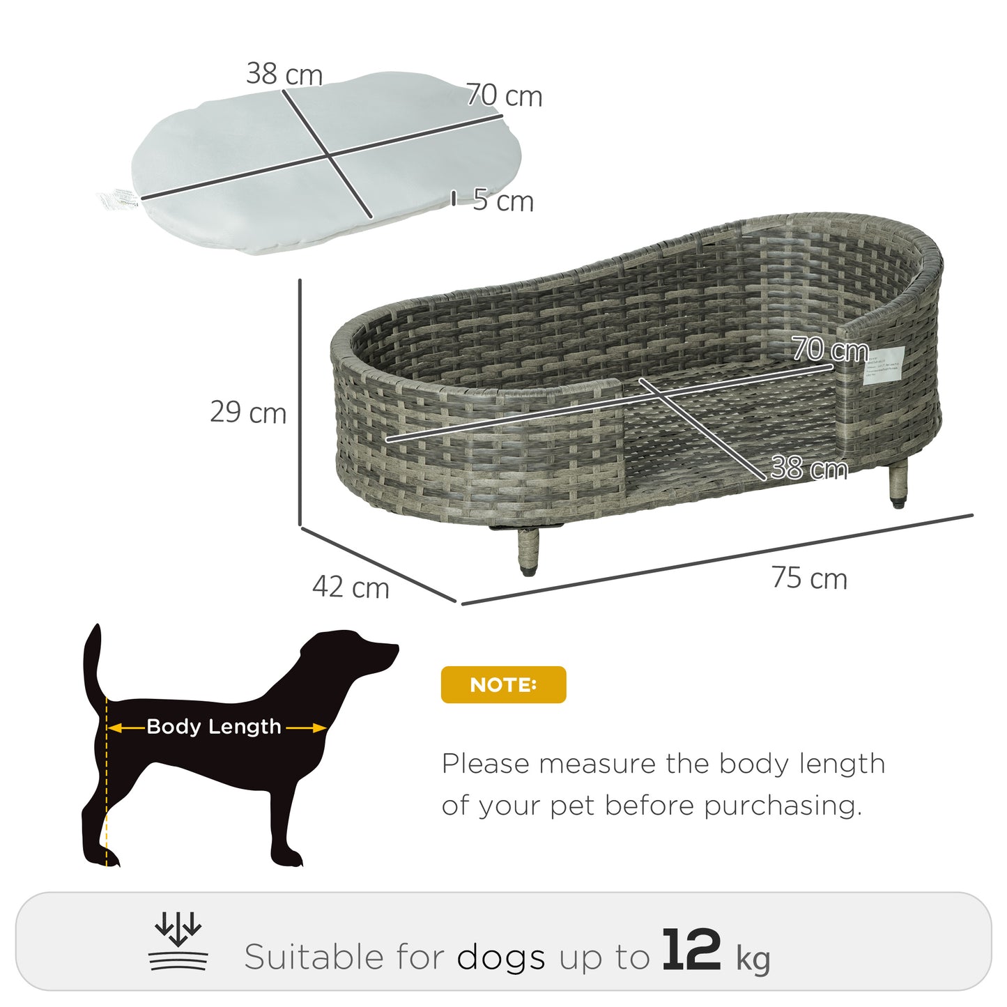 PawHut Elevated Wicker Dog Sofa, Rattan Cat Bed Hand Woven with Soft Cushion, Washable Cover, for Small & Medium Dog, 75 x 42 x 29 cm, Grey