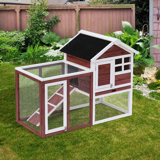 PawHut 122 Wooden Rabbit Hutch Bunny Cage with Waterproof Asphalt Roof, Fun Outdoor Run, Removable Tray and Ramp, Brown