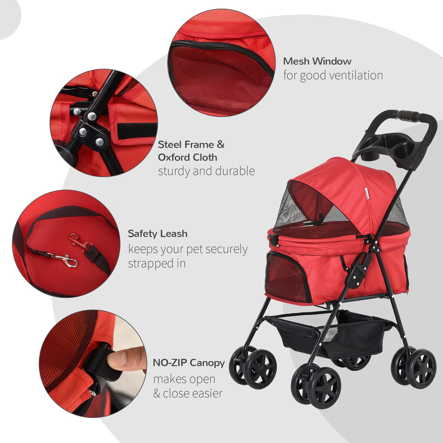 PawHut No-Zip Pet Stroller Dog Cat Travel Pushchair One-Click Fold Trolley Jogger with EVA Wheels Brake Basket Adjustable Canopy Safety Leash Red Foldable Carriage