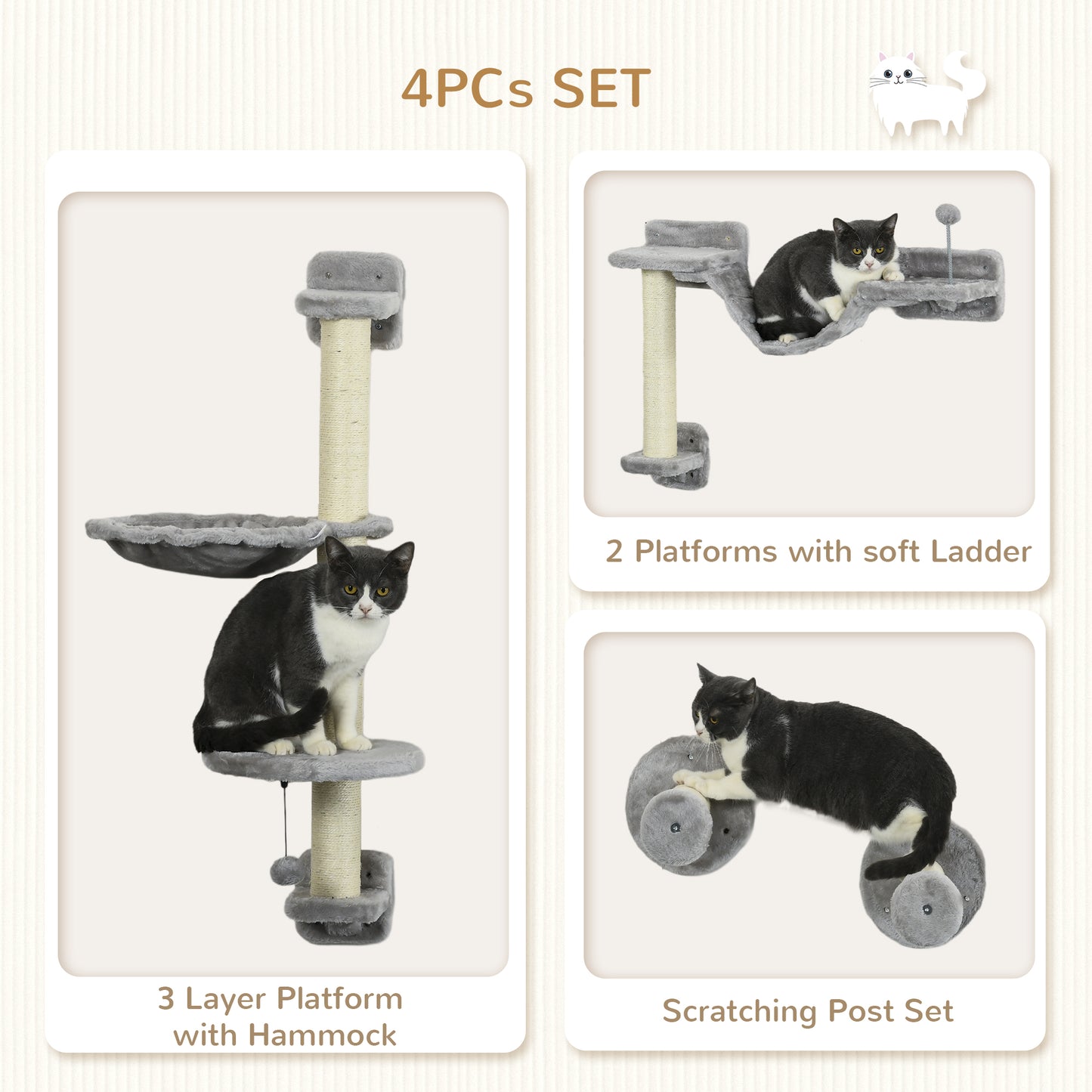 PawHut FourPiece Cat Wall Furniture with Hammock Perches Ladder Scratching Post Grey