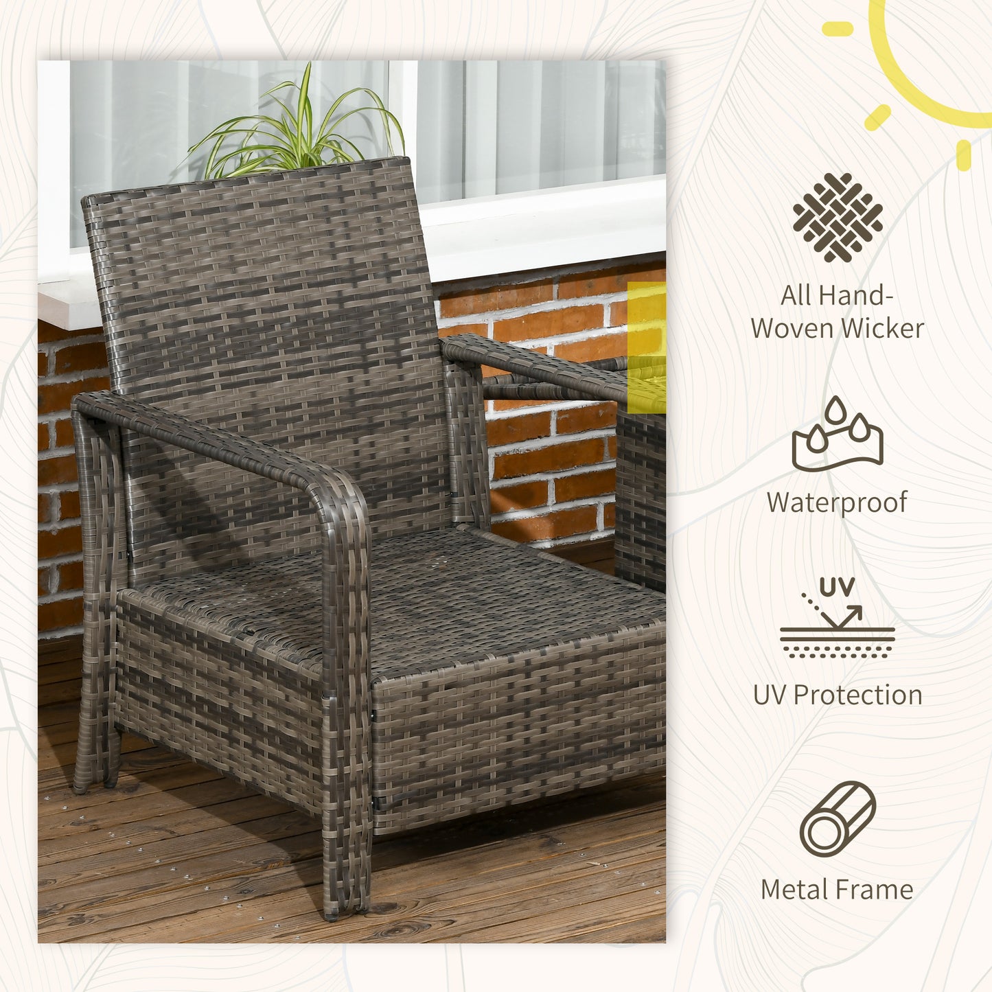 Outsunny 3 pcs PE Rattan Wicker Garden Furniture Patio Bistro Set Weave Conservatory Sofa Storage Table and Chairs Set Orange Cushion, Mixed Grey