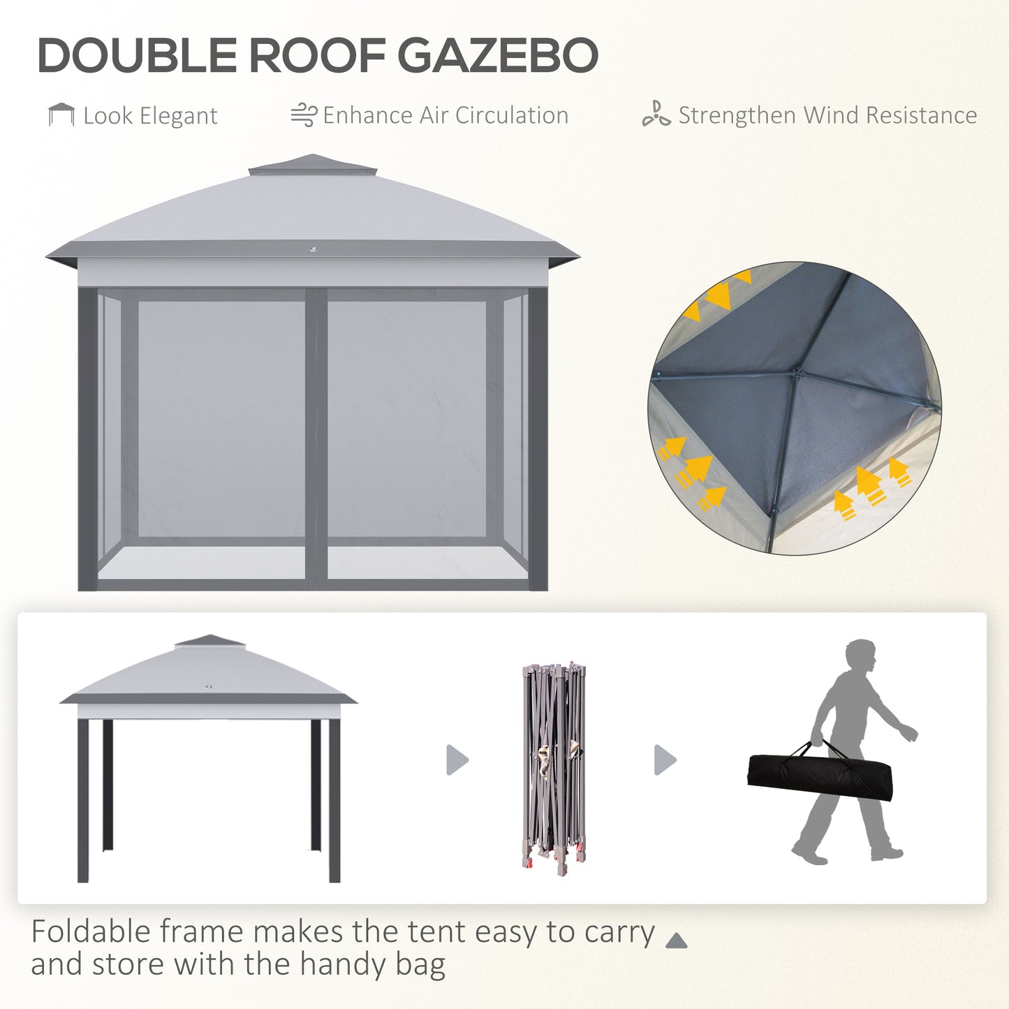 Outsunny 3.3m x 3.3m Pop-Up Gazebo, with Adjustable Frame - Grey
