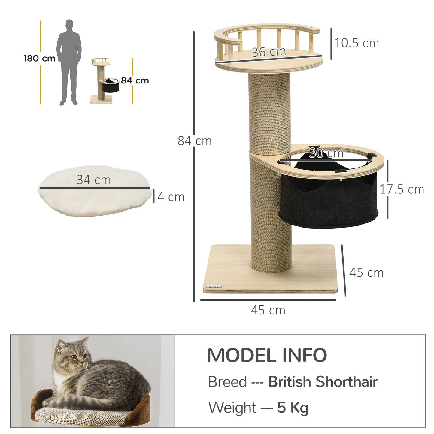 PawHut 84cm Cat Tree, Kitty Activity Center with Hammock & Bed, Cat Tower with Jute Scratching Post, Natural