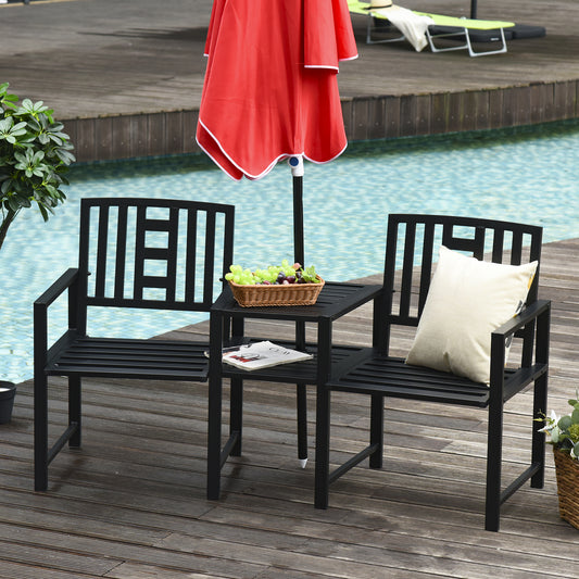 Outsunny Patio Tete-a-tete Chair 2 Seat Bench Middle Coffee Table w/ Umbrella Hole for Outdoors Decorative Slatted Design Steel Frame Black 2-Seater Backyard Porch
