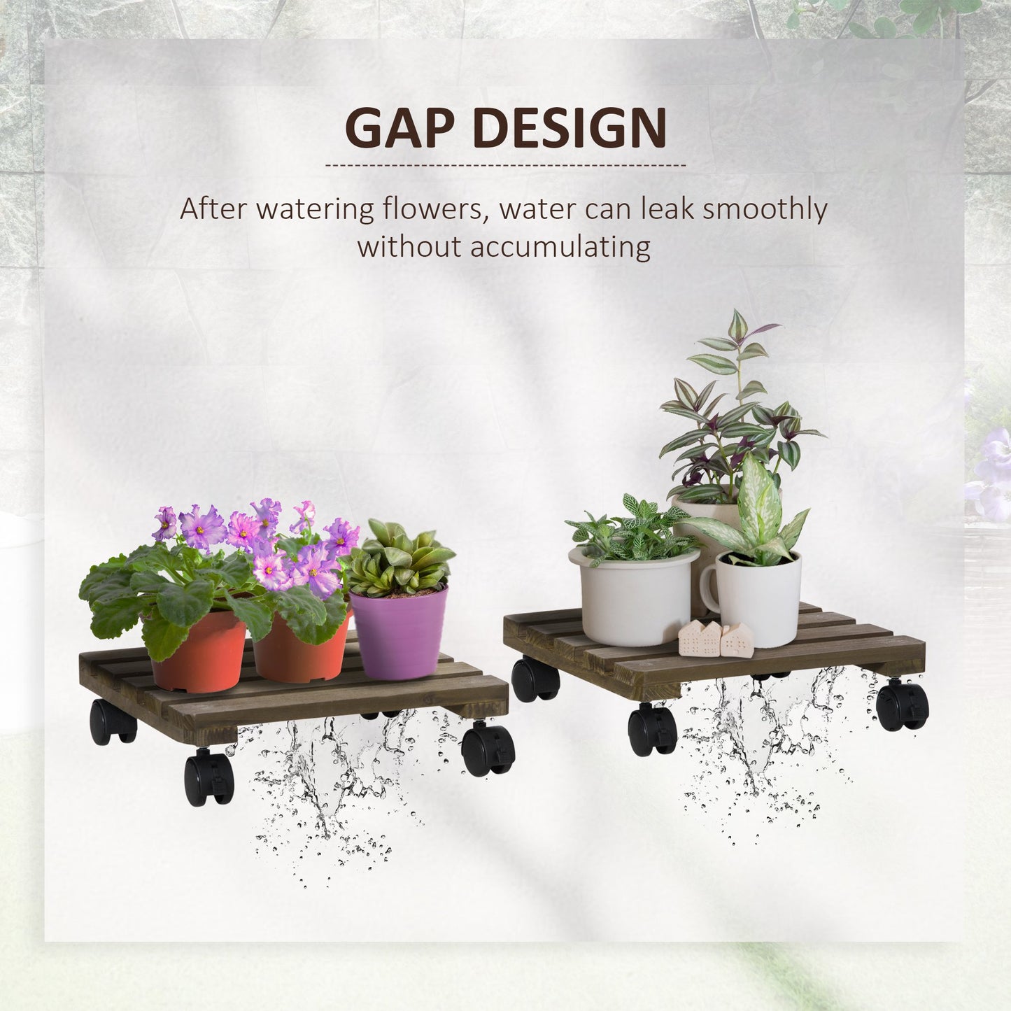 Outsunny 2 Pack Plant Stand with Wheels, Flowerpot Holder, Wooden Flower Display Stand for Indoor Outdoor Living Room Entryway