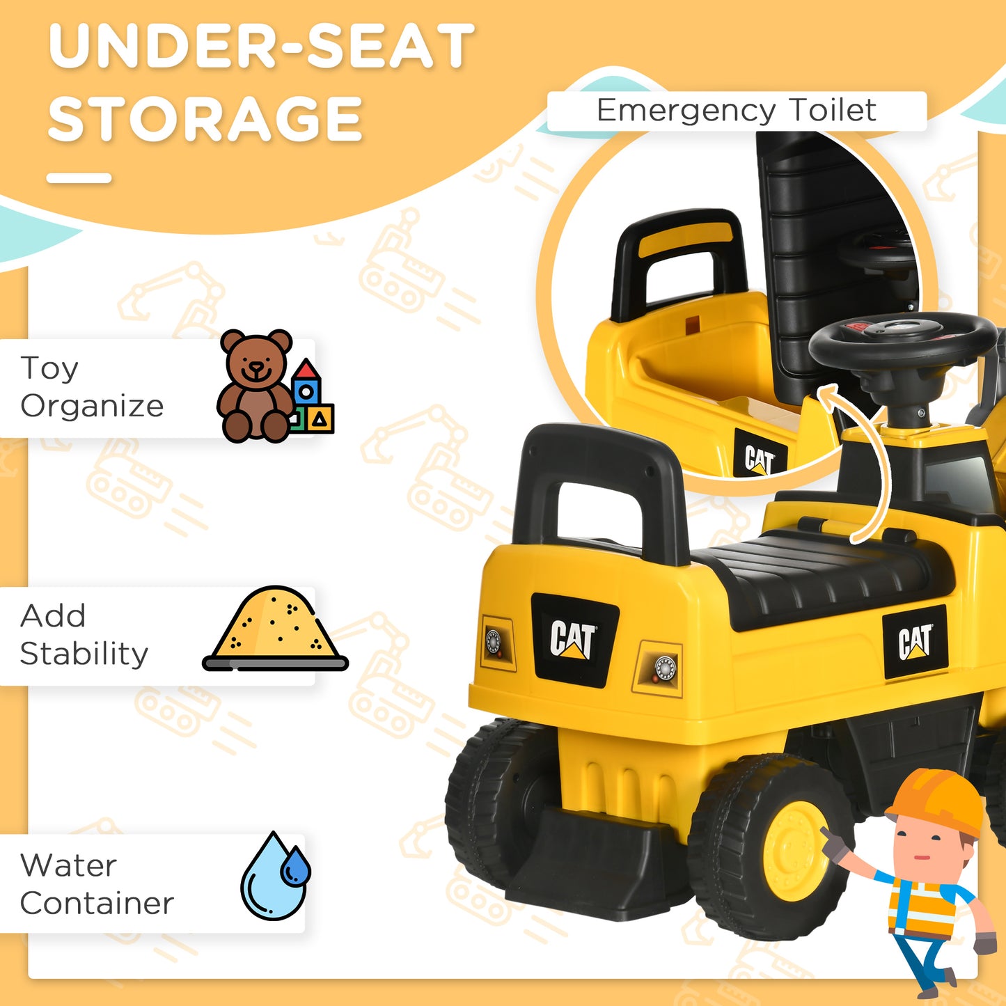 HOMCOM Licensed CAT Kids Construction Ride on with Manual Bucket, Toddler Digger Excavator with Horn Under Seat Storage, Foot to Floor Ride on Toy