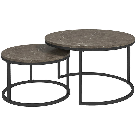 HOMCOM Industrial Nesting Coffee Table Set of 2 Round Coffee Tables Living Room Table with Faux Marbled Top and Steel Frame