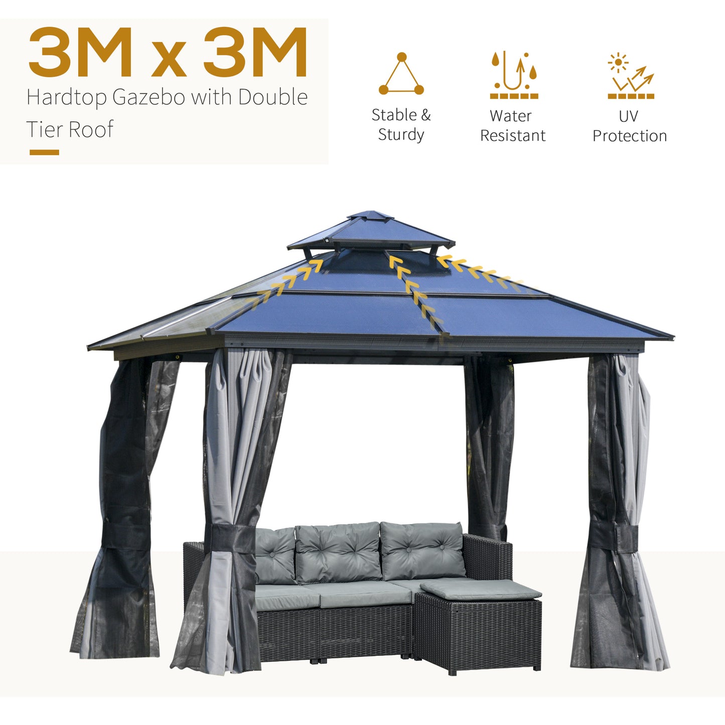 Outsunny 3 x 3(m) Polycarbonate Hardtop Patio Gazebo Canopy Outdoor Pavilion with Double-Tier Roof, Stable Steel Frame, Curtains & Net Sidewalls