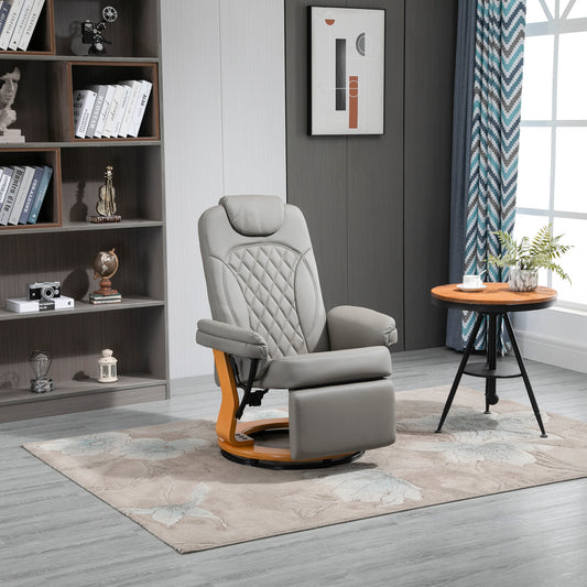 HOMCOM PU Recliner Chair with Footrest, Headrest, Round Wooden Base, Lounge Reading Armchair, Grey