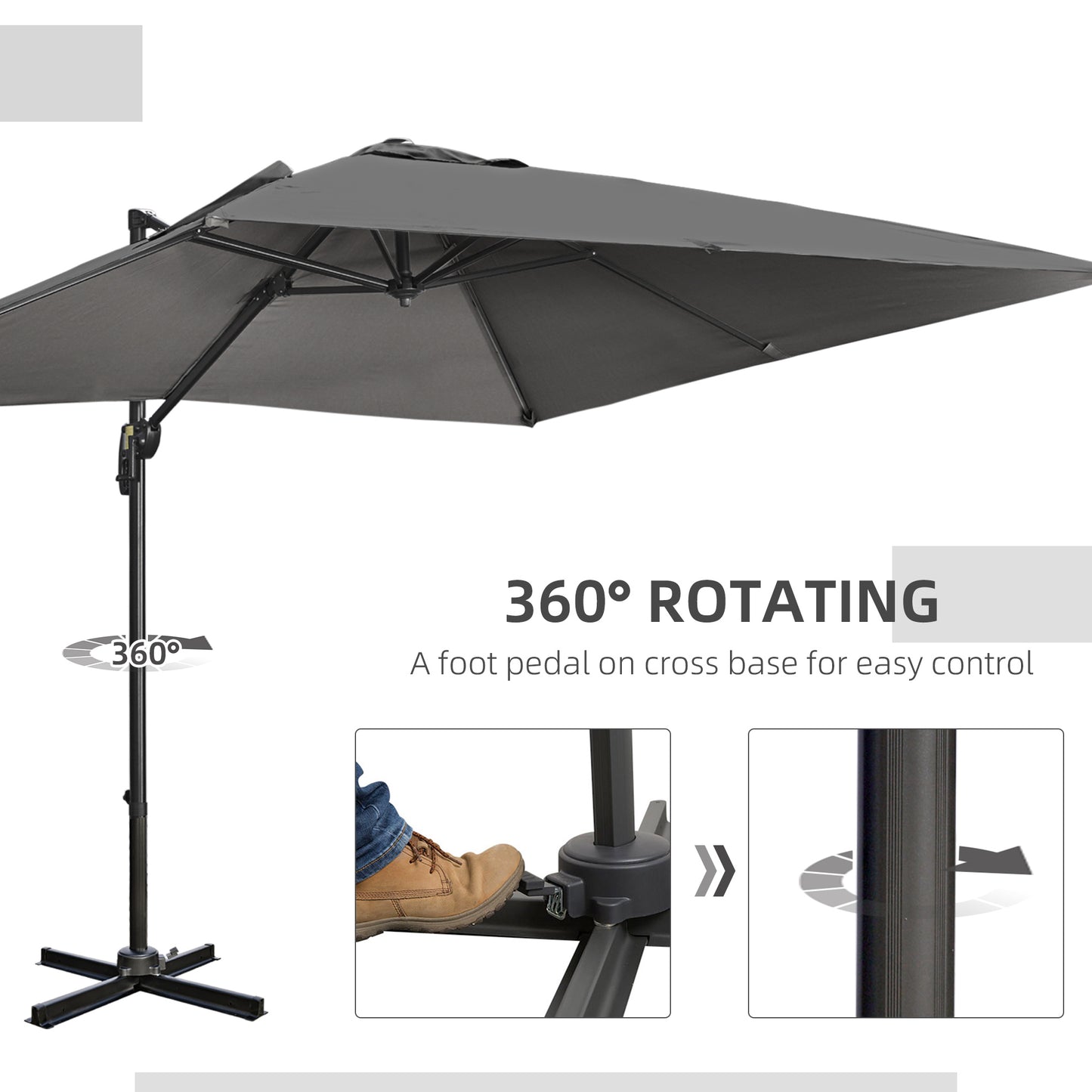 Outsunny 2.7m Square Overhanging Cantilever Umbrella, with Cross Base - Dark Grey