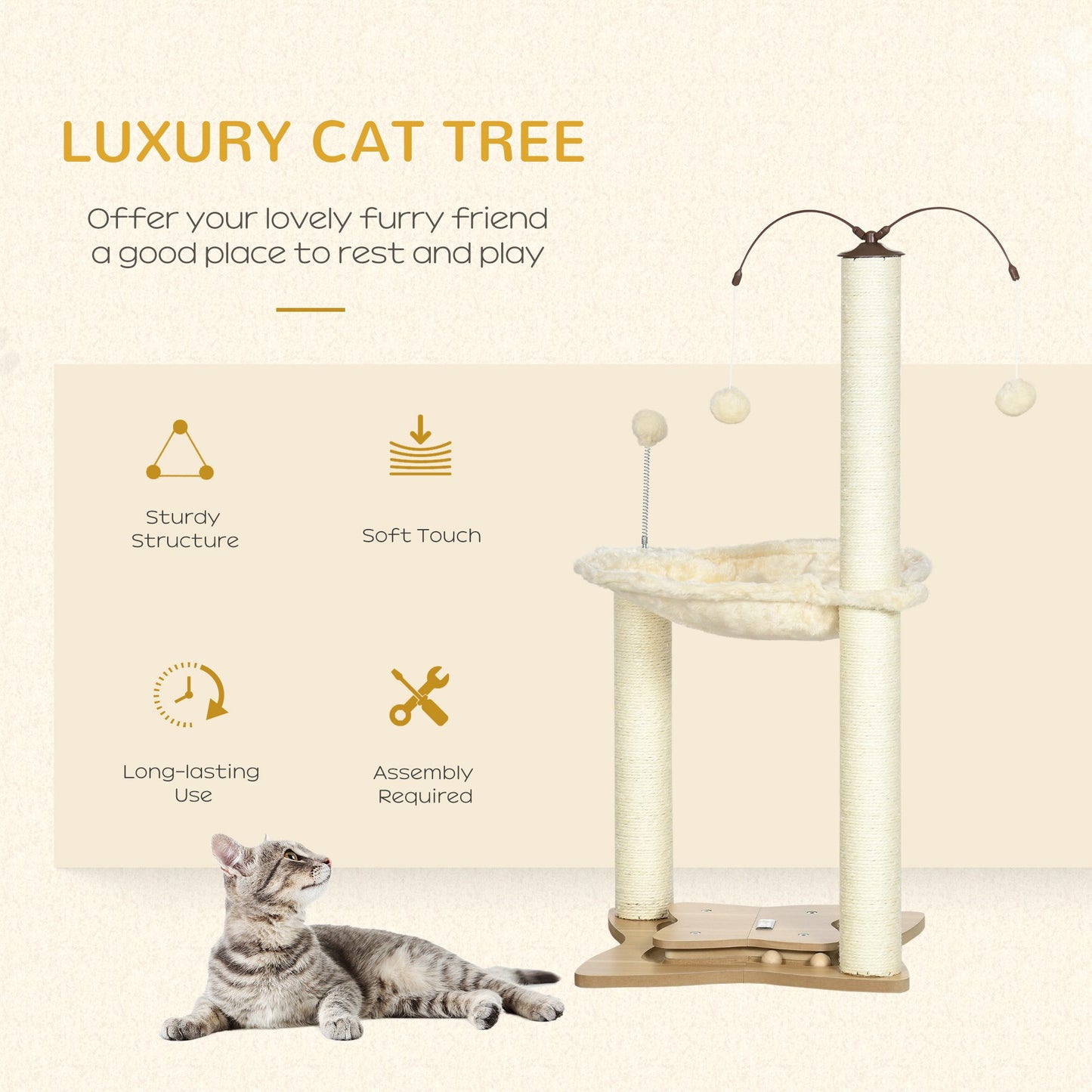 PawHut Cat Tree for Indoor Cats Kitten Play Tower with Sisal Scratching Posts Hammock Ball Toy, Beige, 53.5x53.5x90 cm