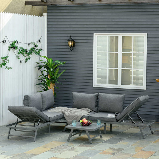 Outsunny 3 Pcs Garden Seating Set w/ Convertible Sofa Lounge Table Padded Cushions Outdoor Patio Furniture Couch Grey Coffee