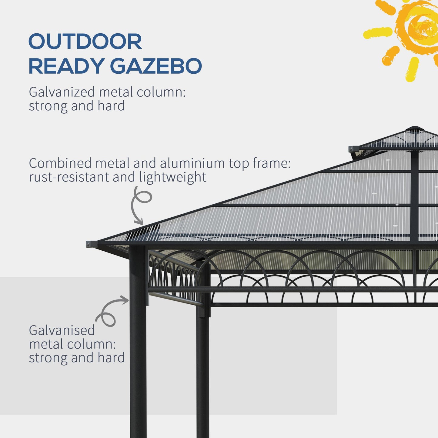 Outsunny 3 x 3 (m) Outdoor Polycarbonate Gazebo, Double Roof Hard Top Gazebo with Galvanised Steel Frame, Nettings & Curtains for Garden, Lawn, Garden and Deck