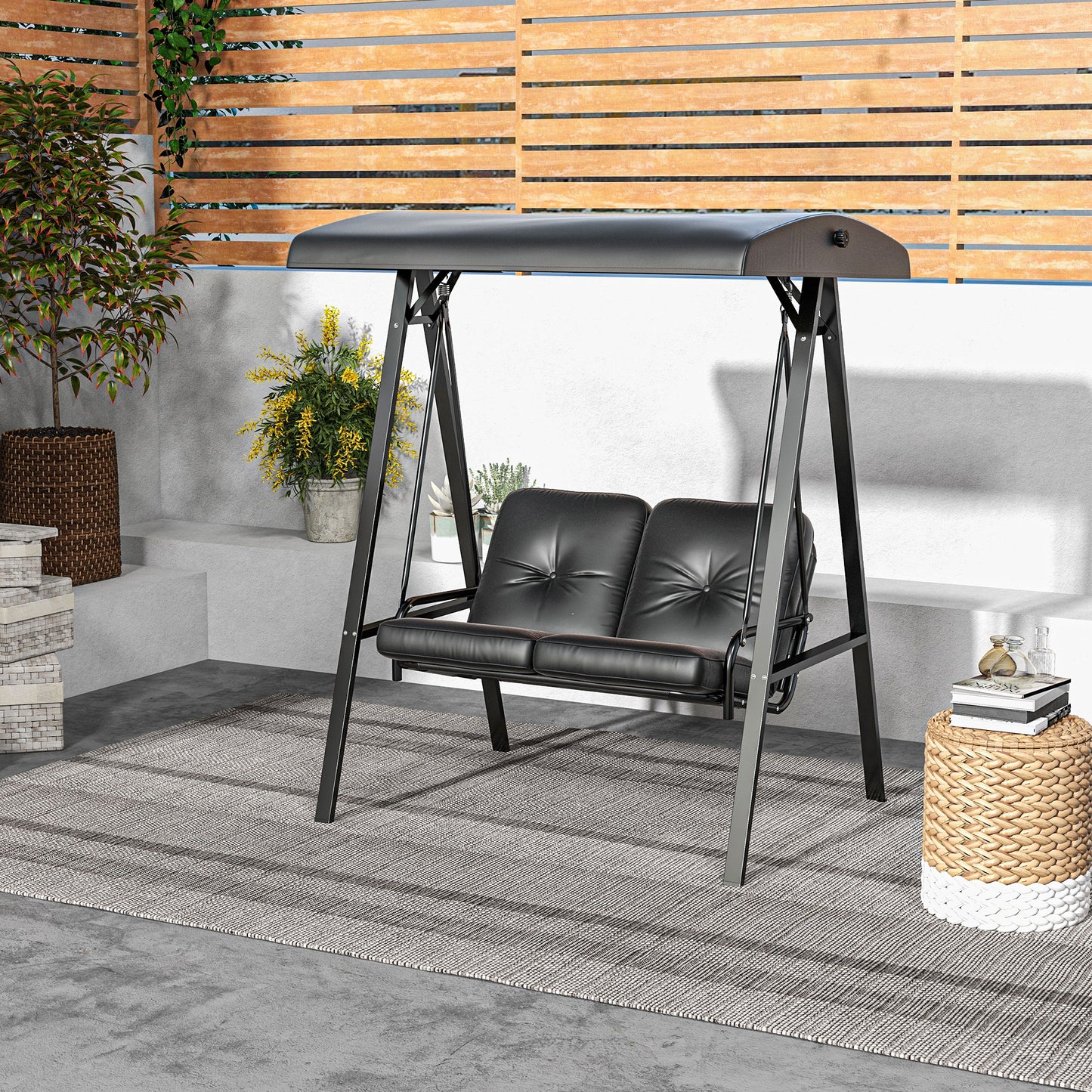 Outsunny Two-Seater Garden Swing Bench, with Adjustable Canopy - Black