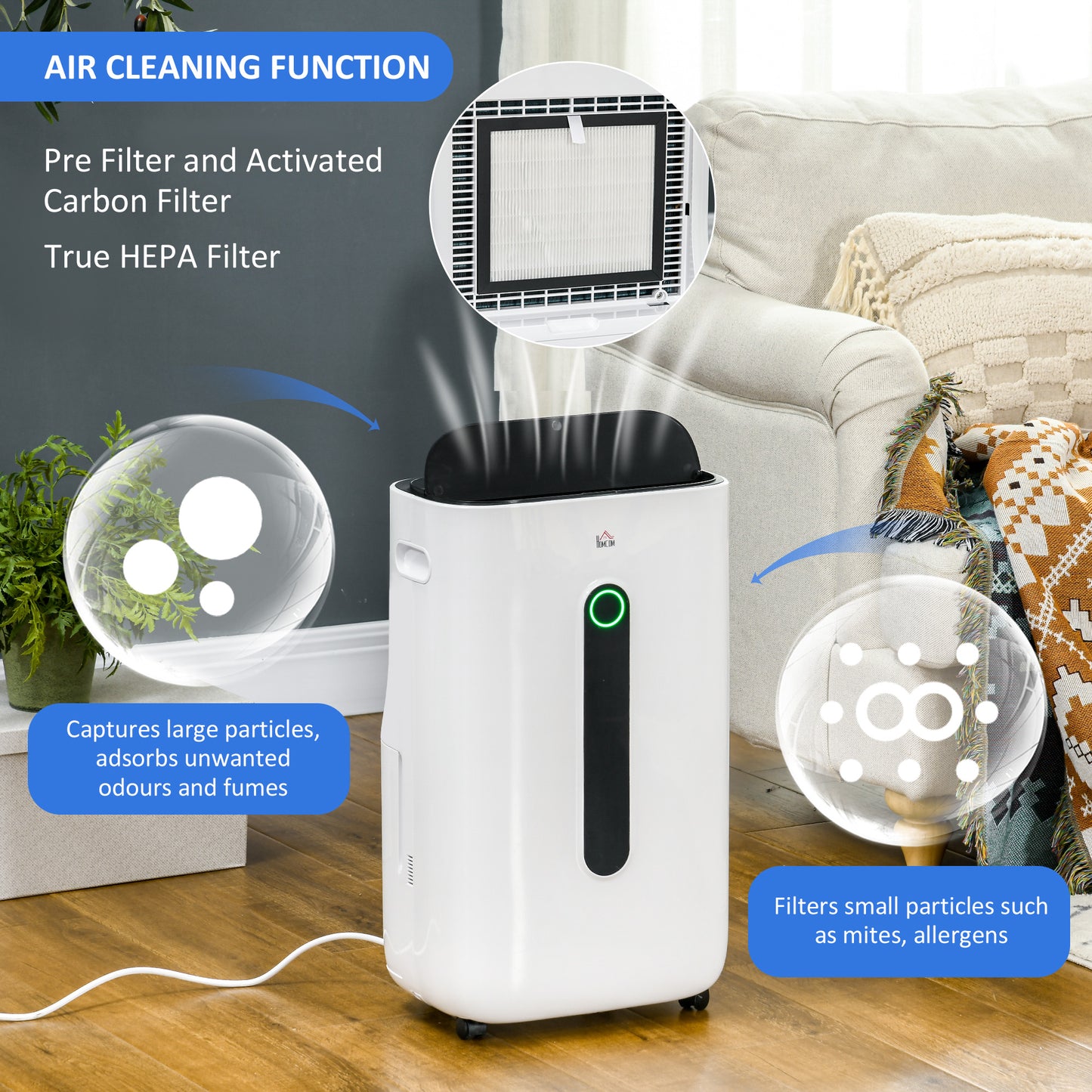 HOMCOM 6500mL Portable Dehumidifier with Air Purifier Filter, 24H Timer, 4 Modes, 22L/Day, for Home Laundry Basement