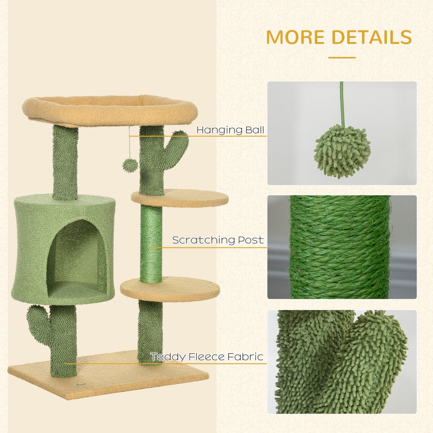 PawHut Cactus Cat Tree, 90cm Cat Climbing Tower, kitten Activity Centre with Teddy Fleece House, Green