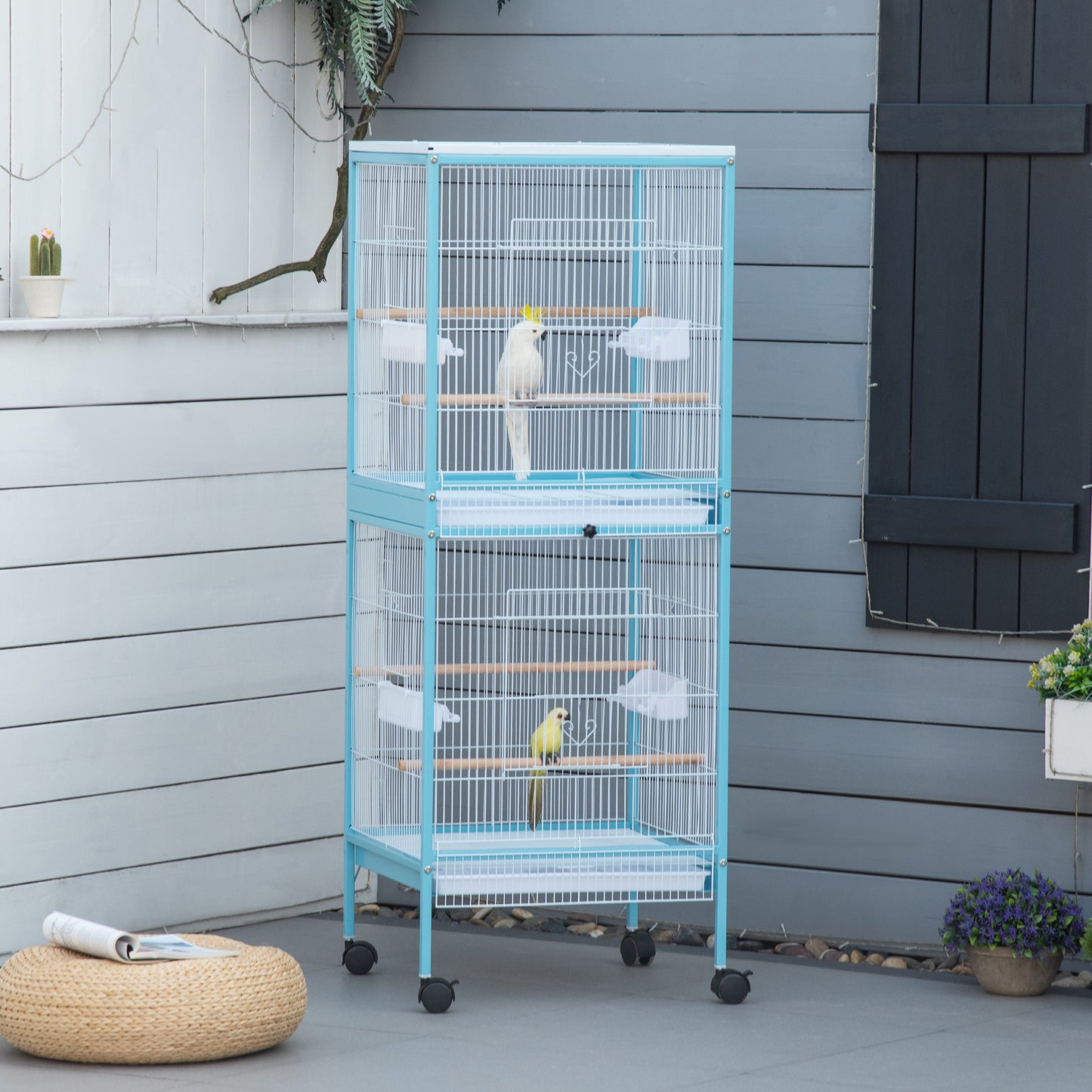 PawHut 2 In 1 Large Bird Cage Aviary for Finch Canaries, Budgies with Wheels, Slide-out Trays, Wood Perch, Food Containers, Light Blue